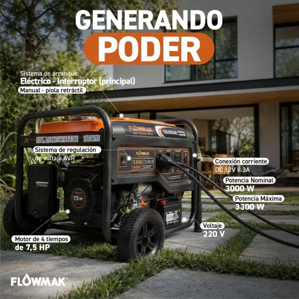 GENERADOR FLOWMAK GASOLI GH3800E 220V 3000W PE