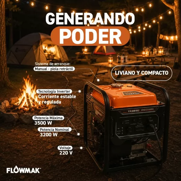 GENERADOR FLOWMAK GASOLI GK3800I INVERTER ABIERTO