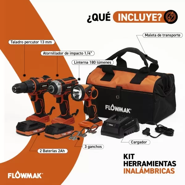 KIT HERRAMIENTAS INAL 3P FLOWMAK 2BAT 18V+CARG